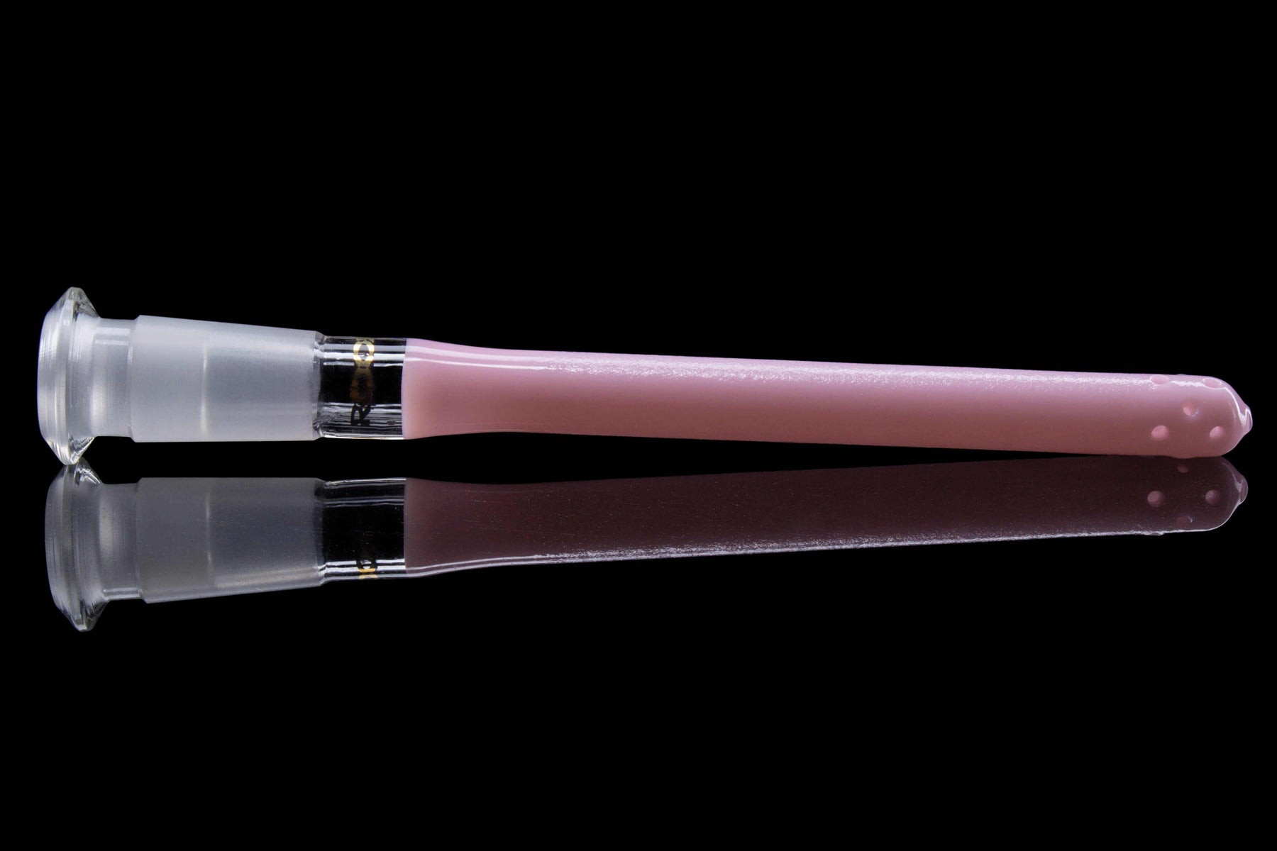 ROOR® Reducing 13-Hole Diffused Low-Profile Downstem Straight 18.8mm to 14.5mm in pink glass with white joint on black background