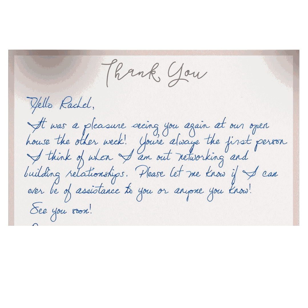 Handwritten thank you note with personalized message in blue ink on white paper