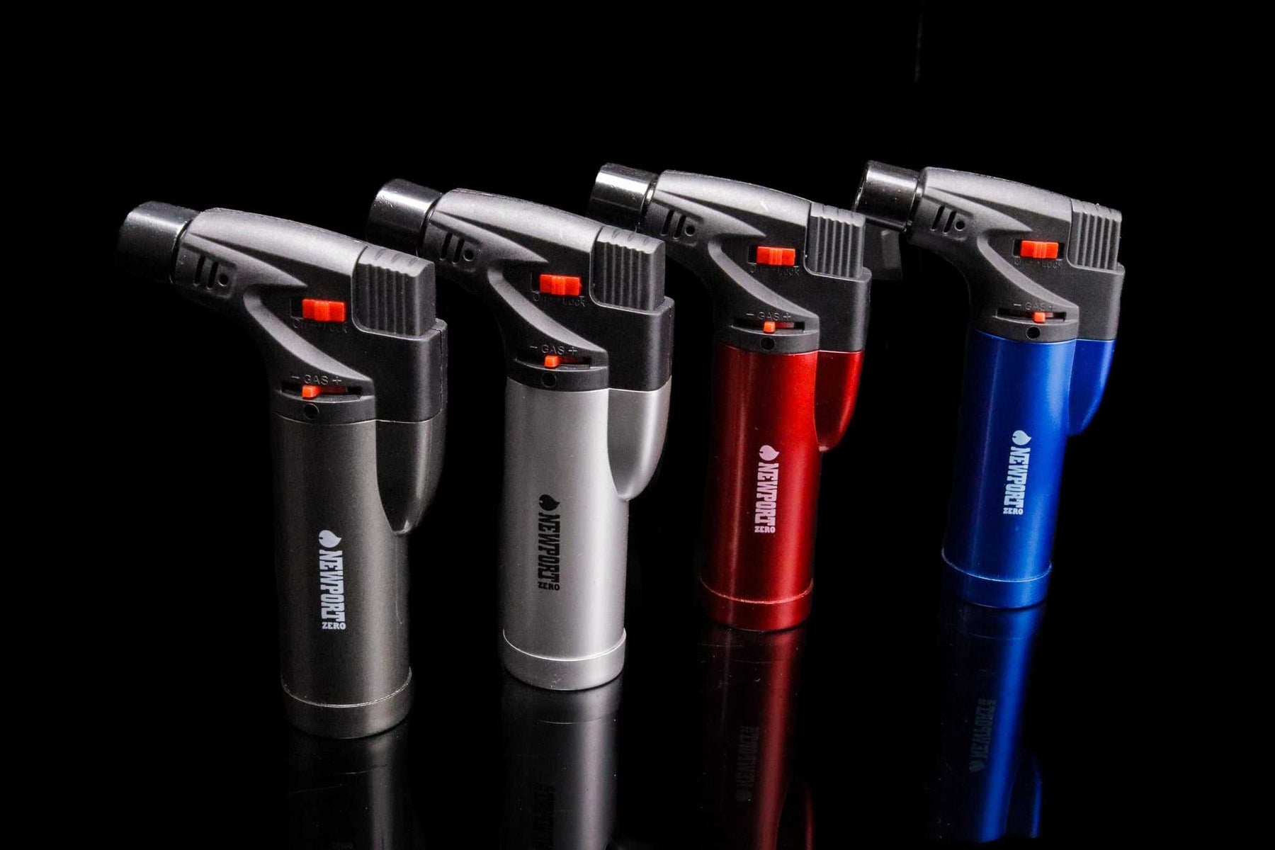 Set of four Newport Zero Micro Torch lighters in black, silver, red, and blue for versatile use in smoking, cooking, baking, and soldering.