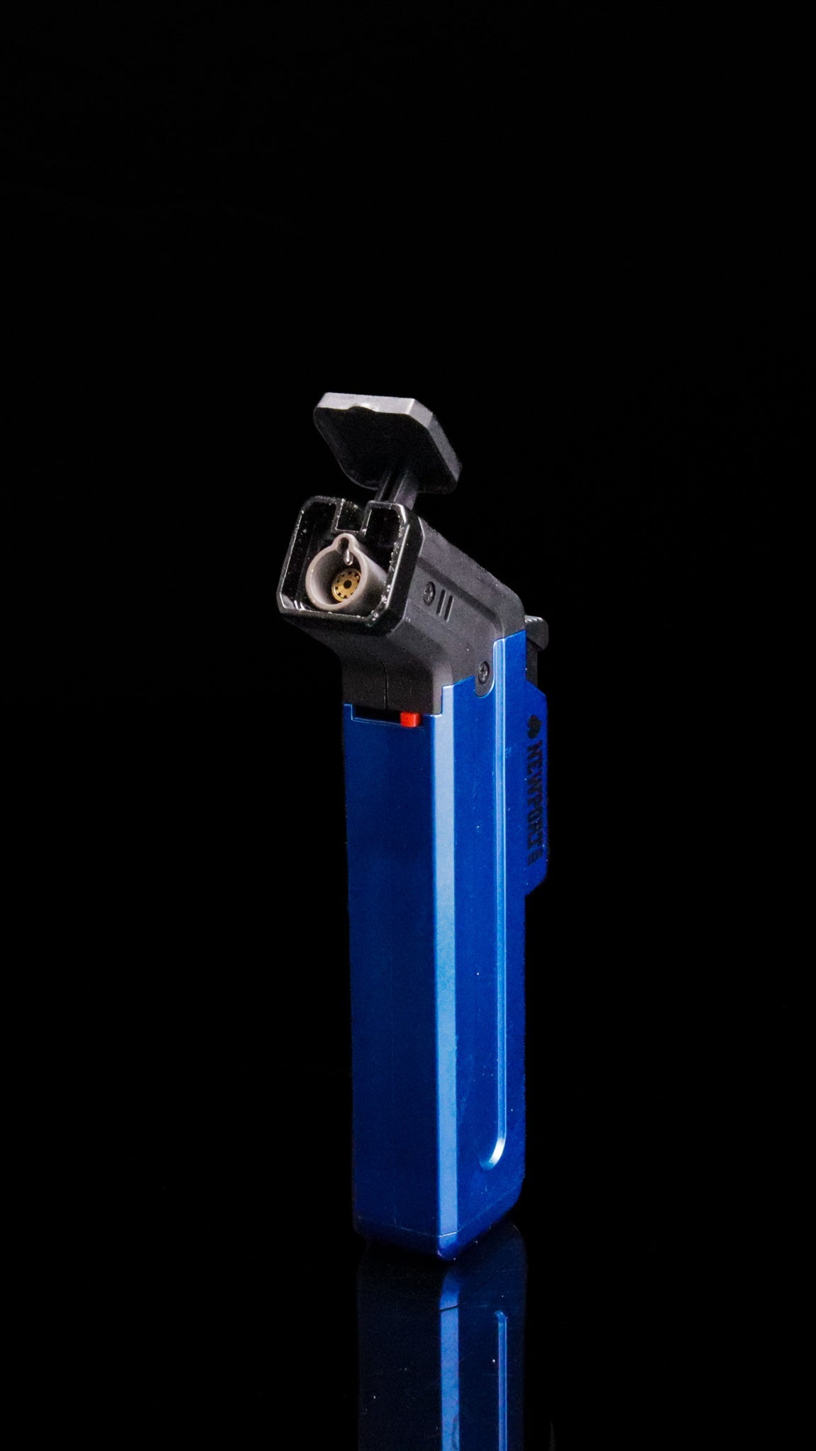 Metallic Newport Zero lighter with blue finish and flip-top design.