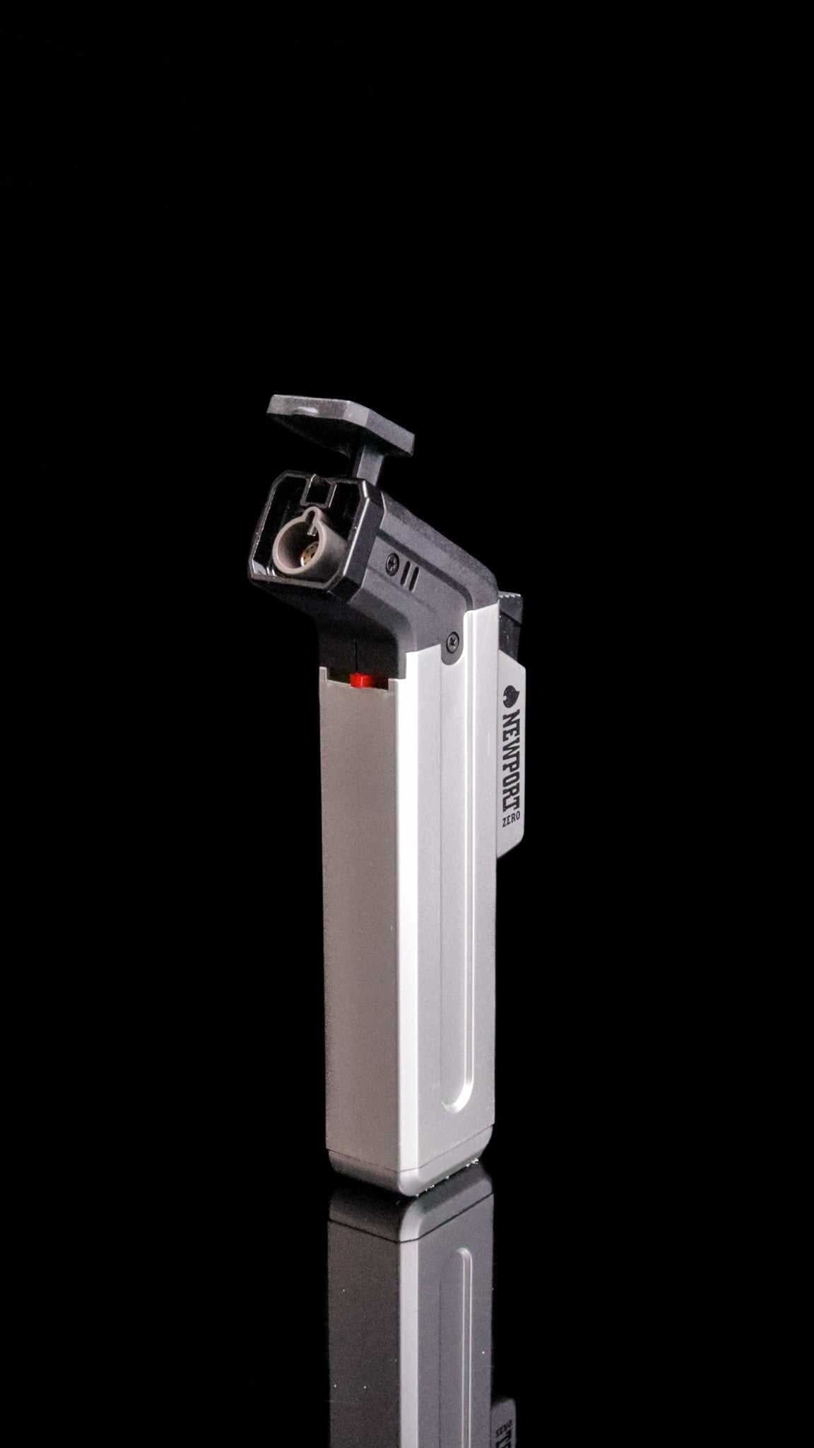Newport Zero Metallic Lighter with patented design on black background.