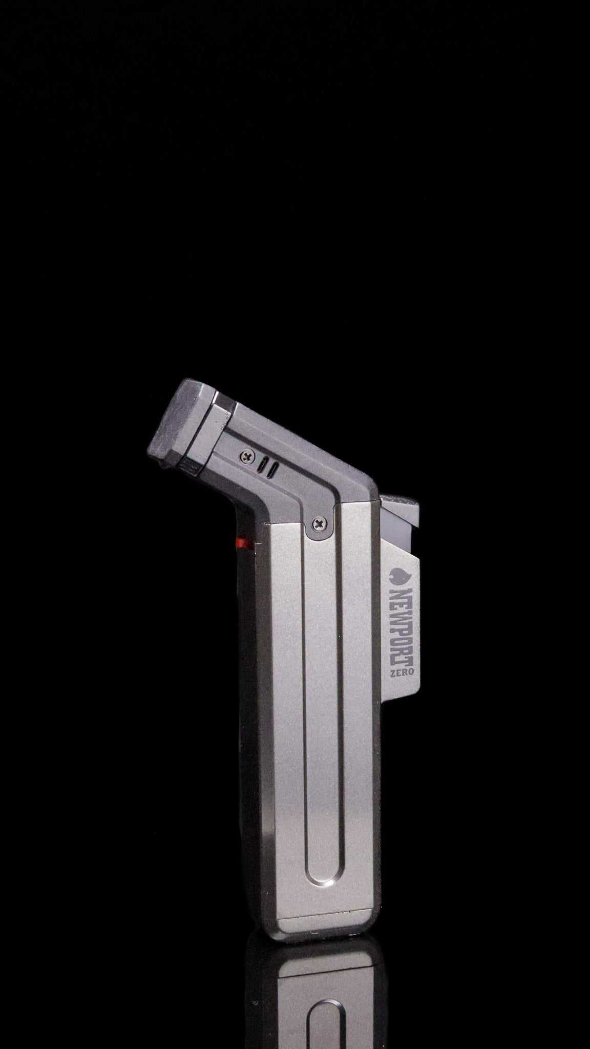 Metallic Newport Zero lighter with butane gas, 5-inch patented design.