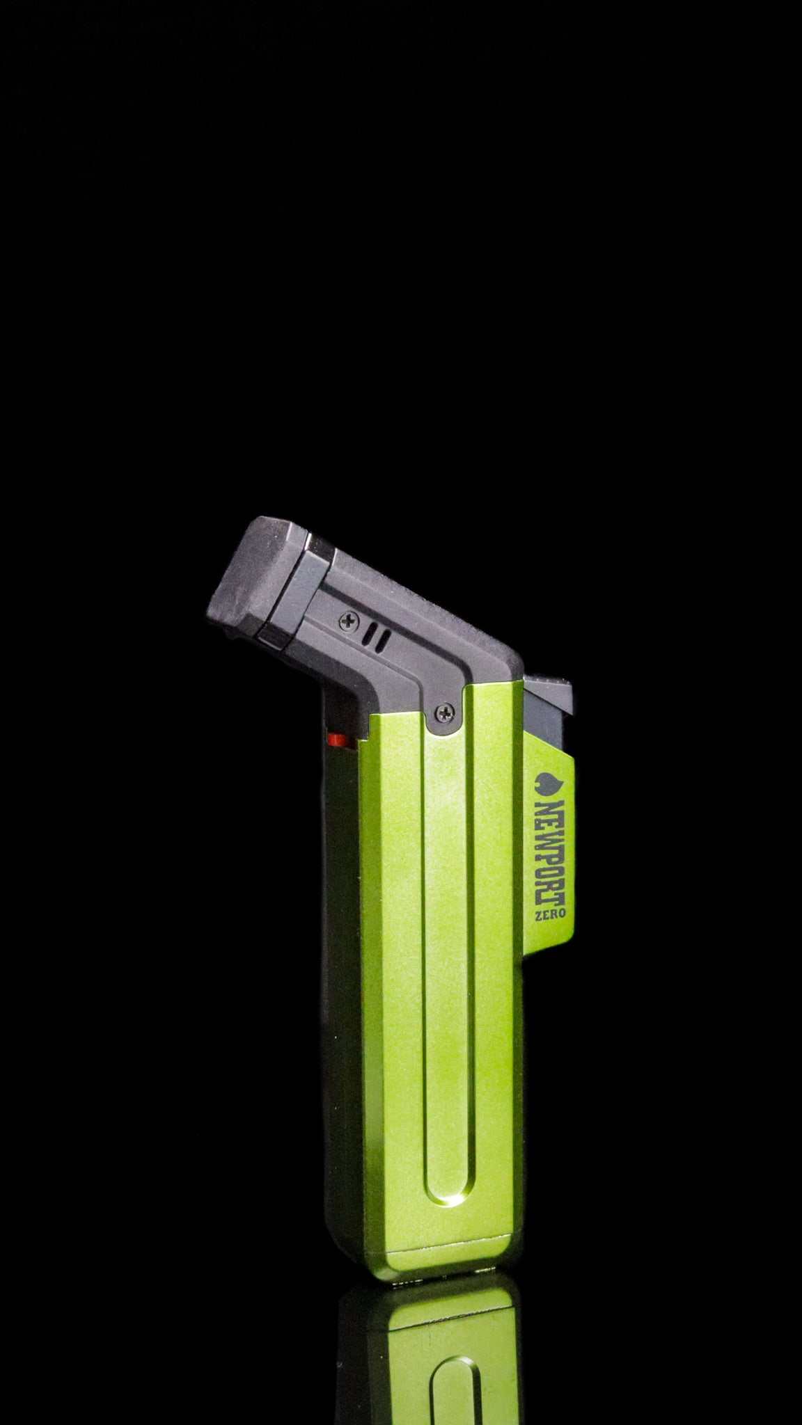 Newport Zero Metallic Lighter with green finish on black background.