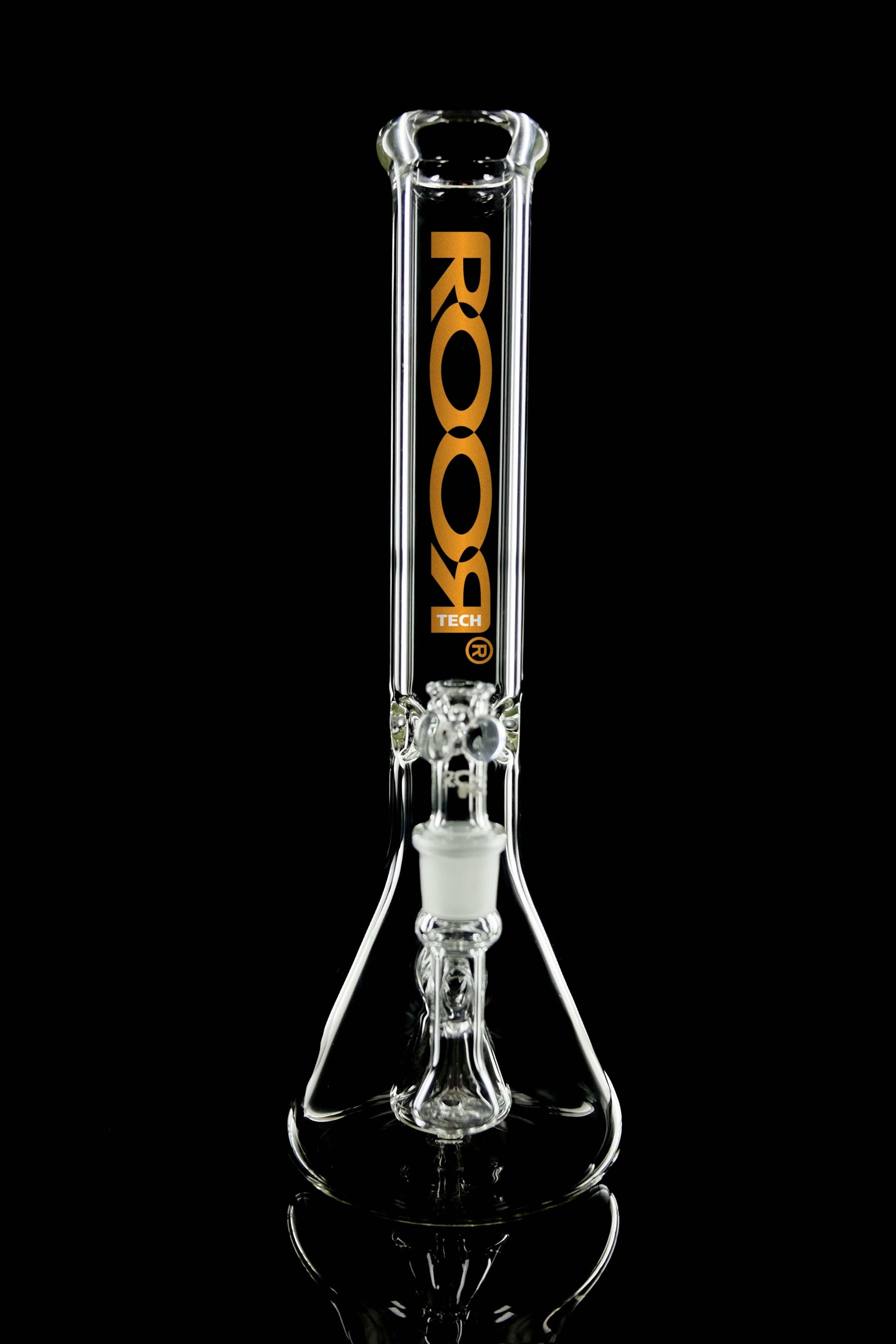 ROOR® Tech Fixed 14" Beaker 50x5mm Clear with decal, high-quality German Duran Schott glass, featuring built-in debris catcher and ice pinches.