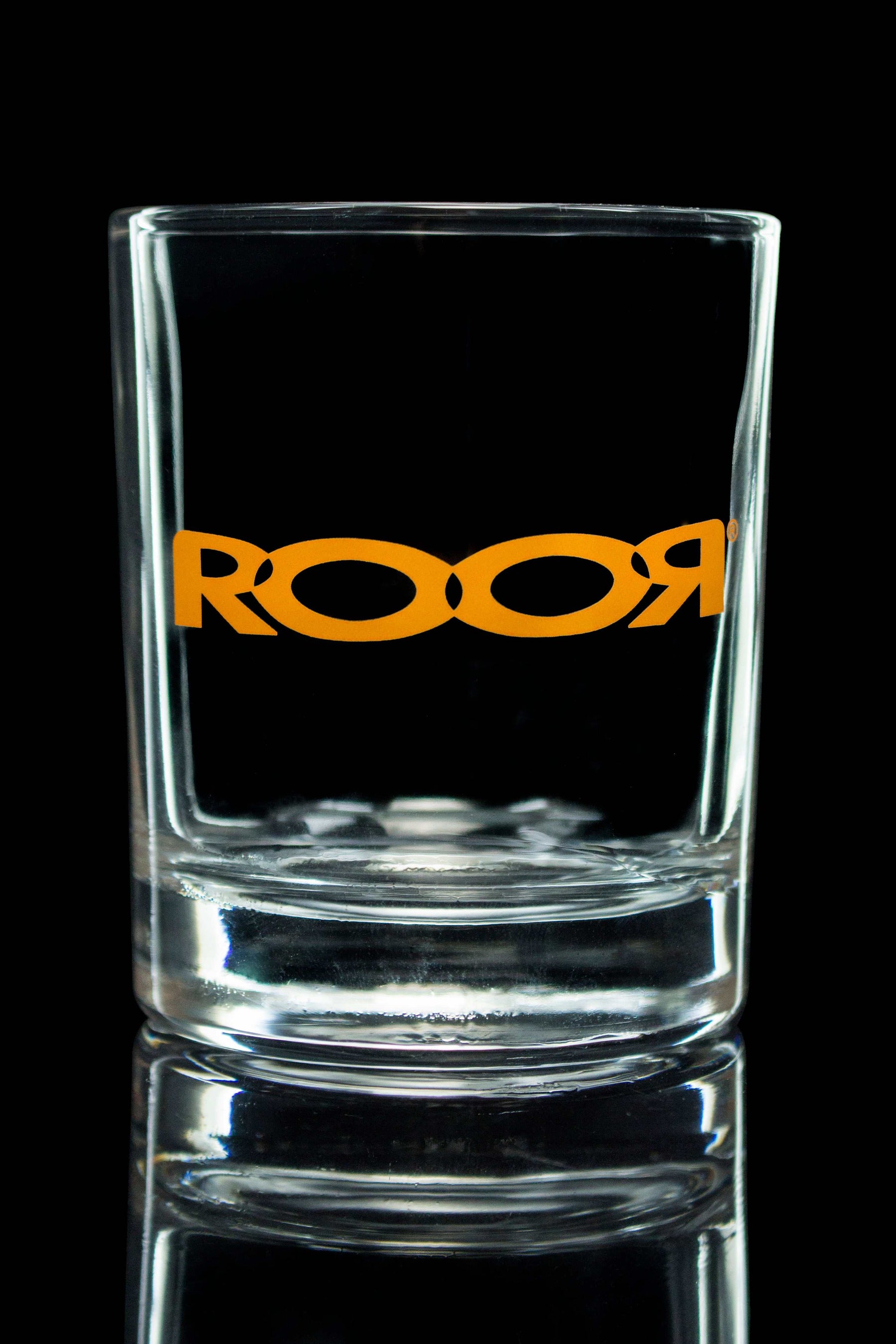 ROOR Rocks Glass 6oz with thick clear base and authentic decal.
