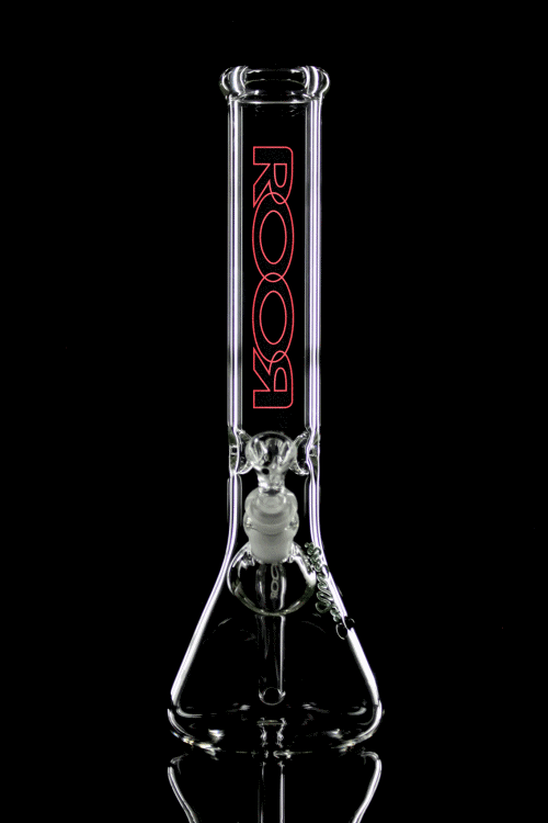 ROOR classic 14-inch custom built glass beaker bong with red logo on black background