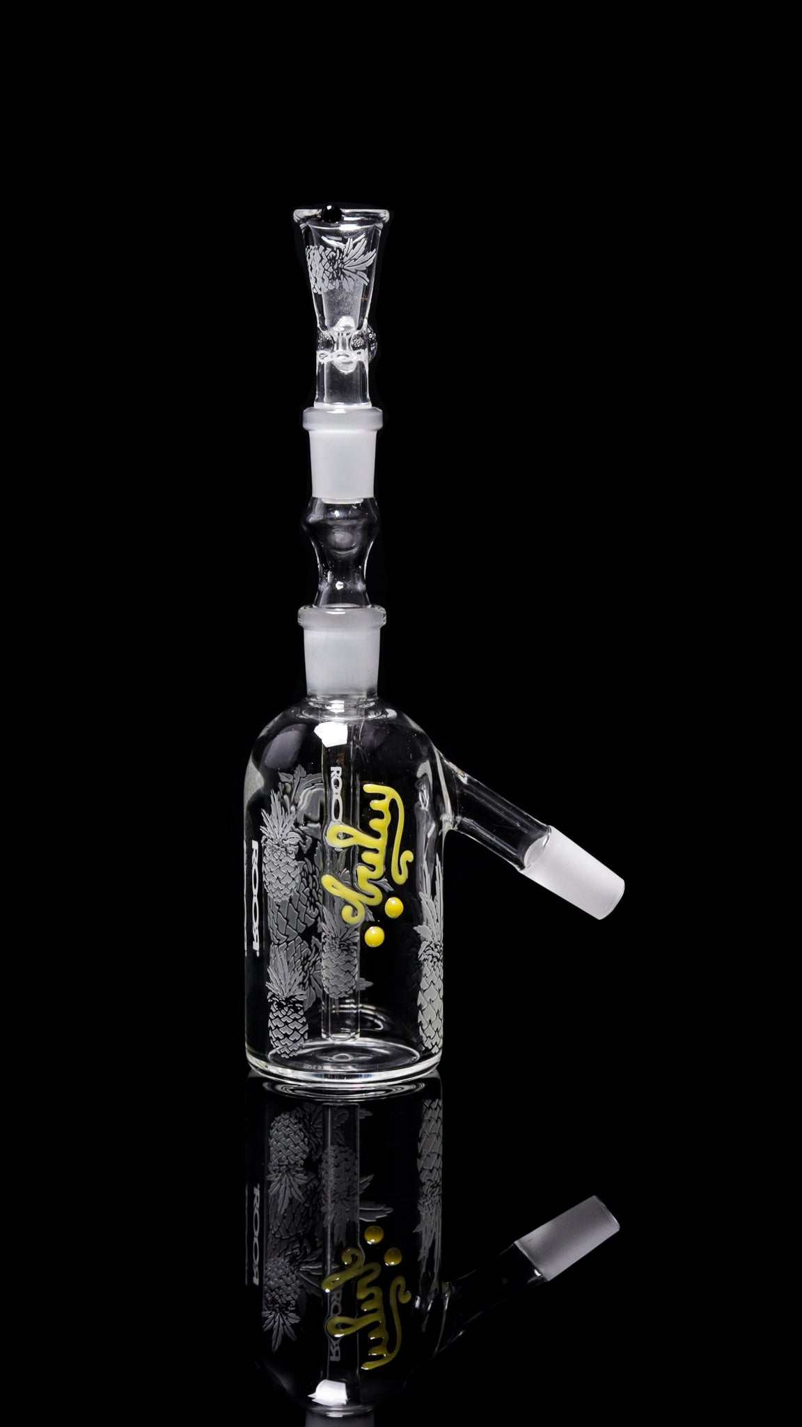 ROOR® Custom Pineapple Express ash-catcher with sandblasted glass body and 14.5mm joint on black background