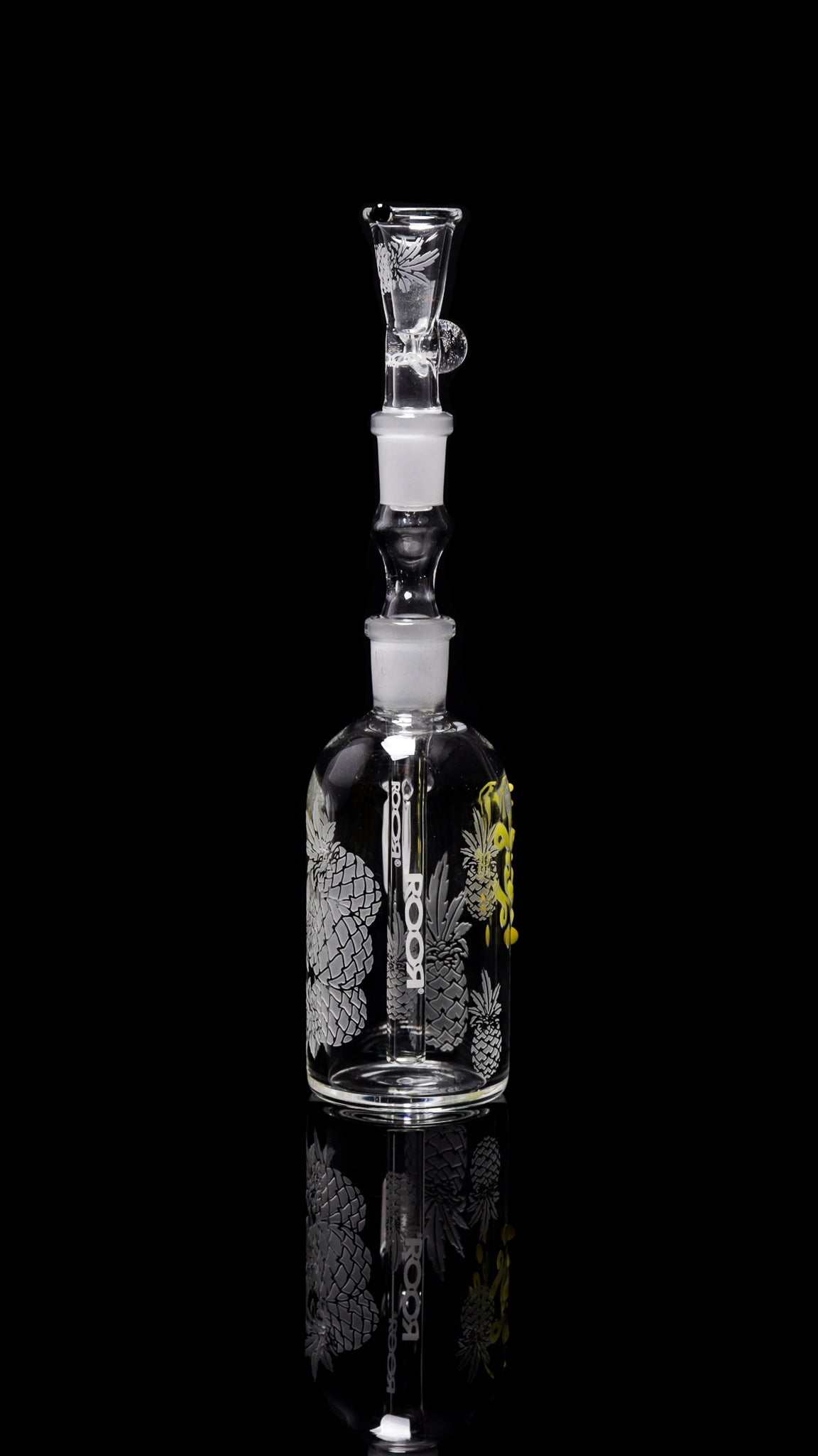 ROOR® Custom Pineapple Express ash catcher with sandblasted glass and 14.5mm joint on black background