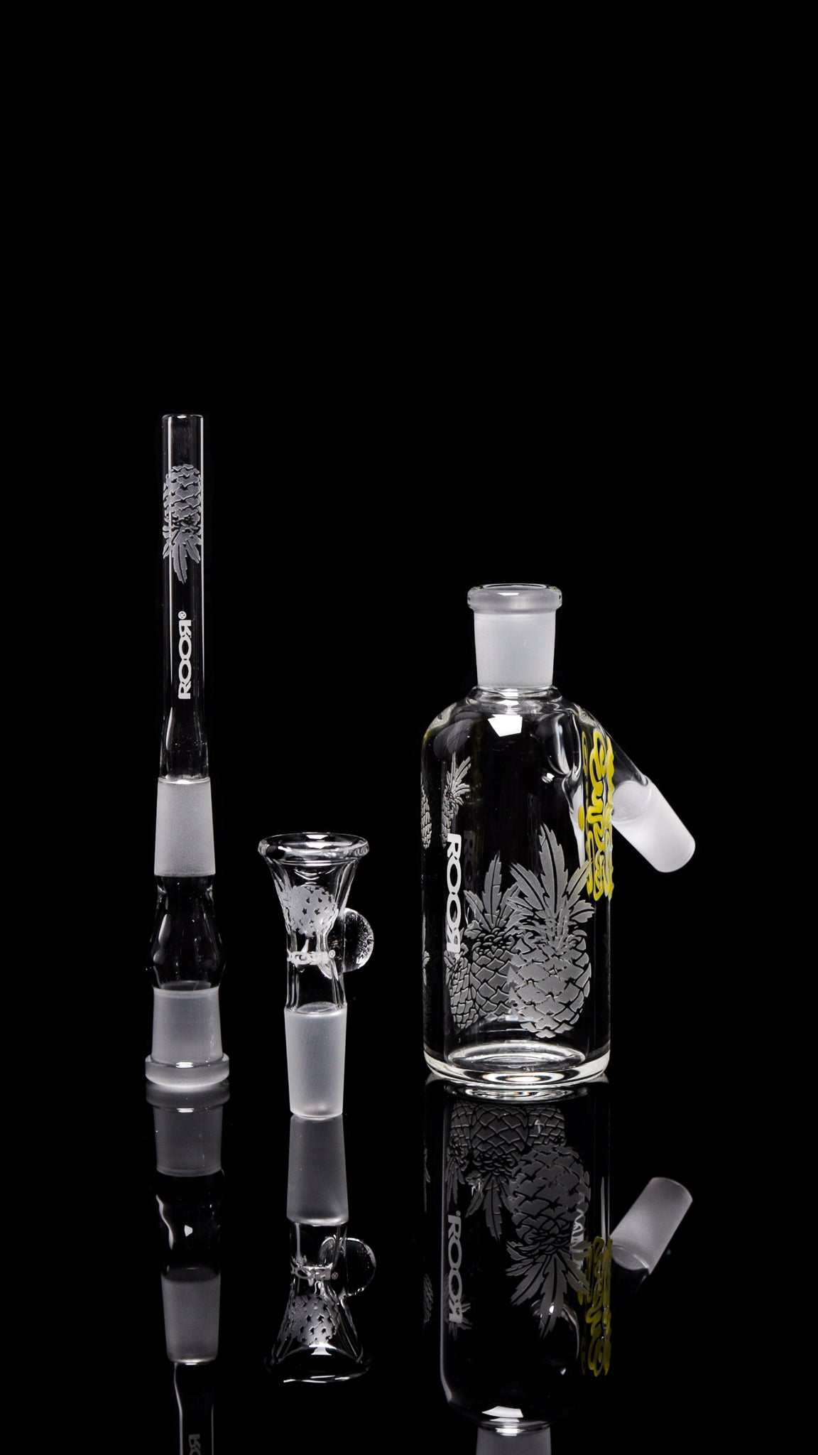 ROOR® Custom Pineapple Express ash catcher with sandblasted glass and 14.5mm joints displayed on black background
