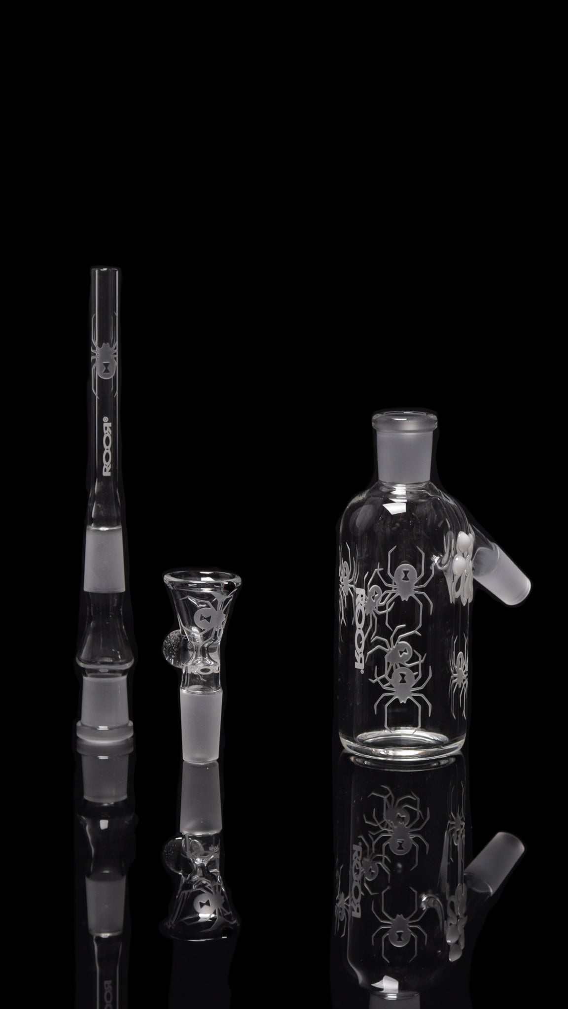 ROOR® Custom White Widow Ash-Catcher 14.5mm Joint with sandblasted design and German Duran Schott Glass.