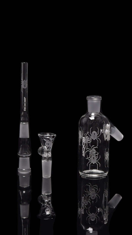 ROOR® Custom White Widow Ash-Catcher 14.5mm Joint with sandblasted design and German Duran Schott Glass.