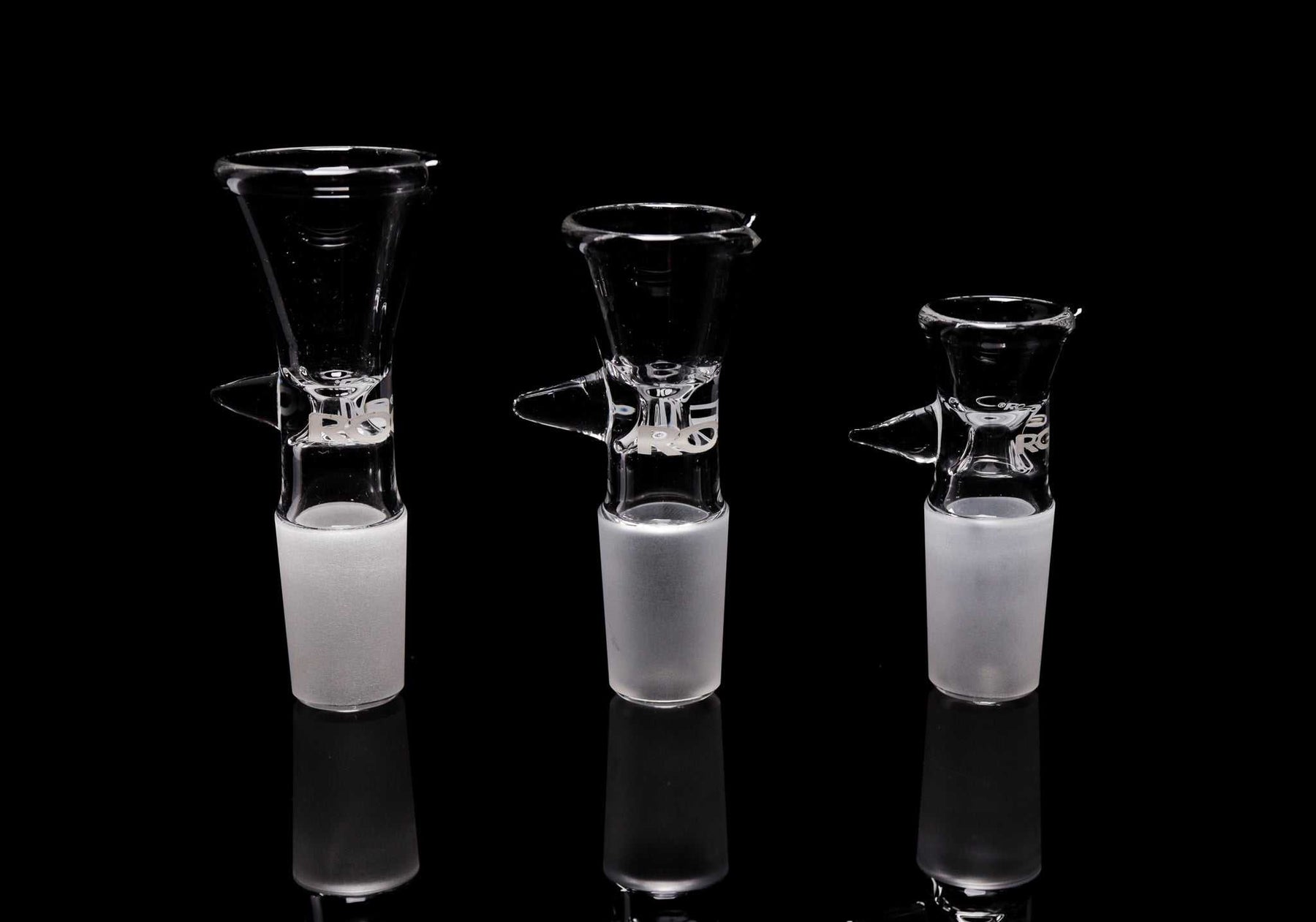 ROOR® 18mm Classic Funnel Bowl with Pointed Handle in three sizes on black background.