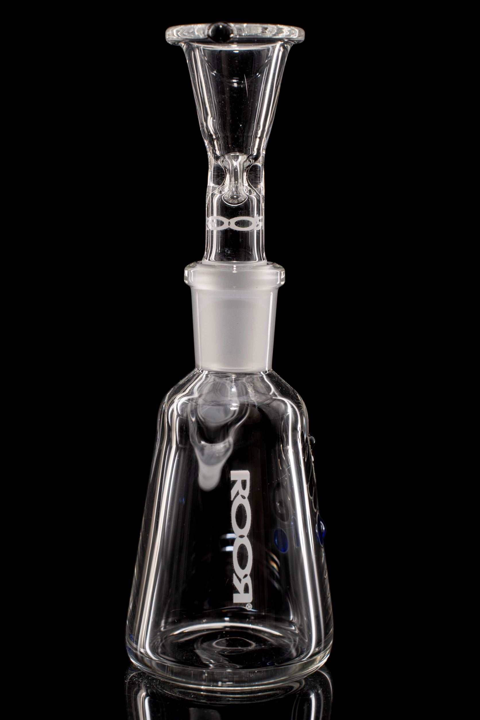 Clear ROOR® Debris Catcher glass accessory with white logo decal and angled joint for smoking device.