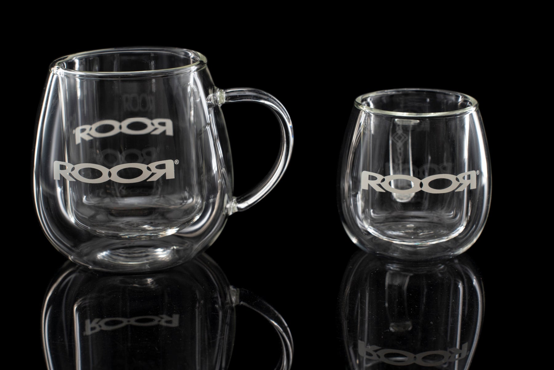 ROOR® Glass Mugs Double Layer with sleek double-walled design on black background.