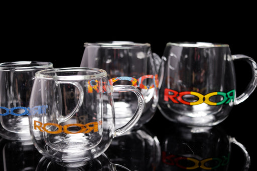 ROOR® Glass Mugs Double Layer with colorful decals, showcasing sleek design and double-walled insulation.
