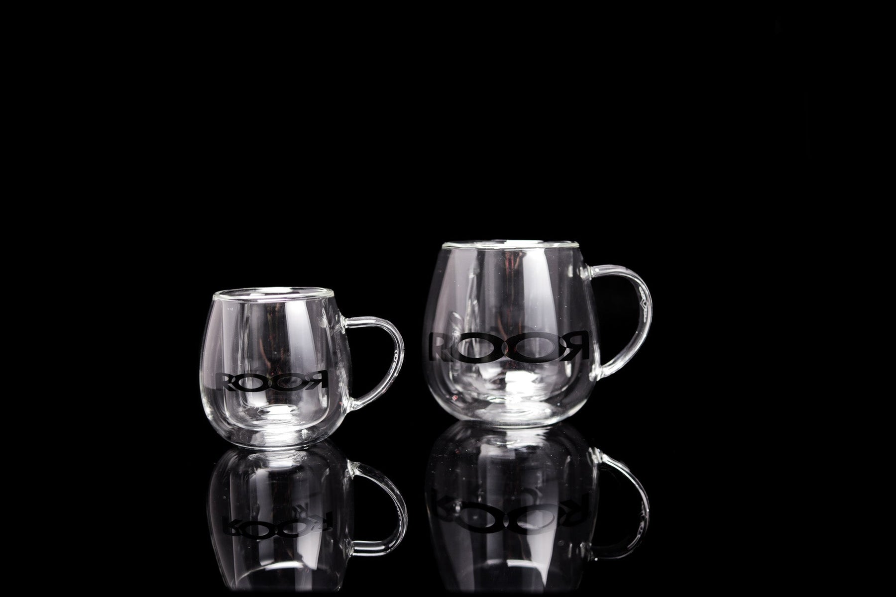 ROOR® Glass Mugs Double Layer with sleek double-walled design on black background.