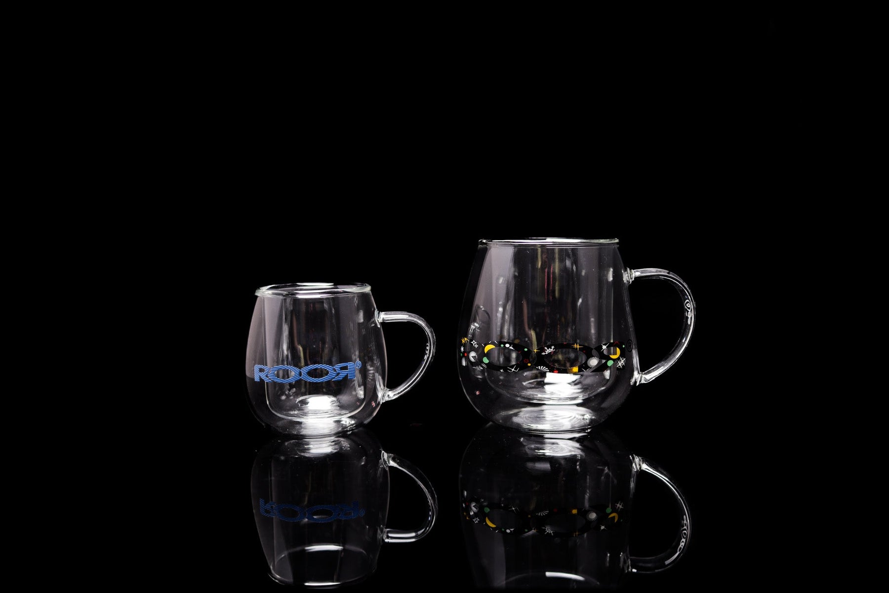ROOR® Glass Mugs Double Layer on black background showing sleek double-walled design.