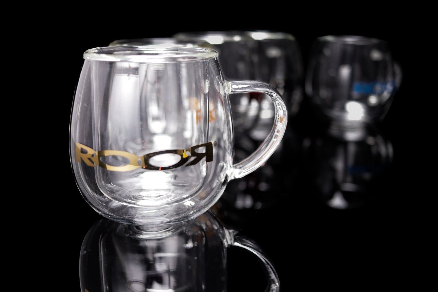 ROOR® Glass Mugs Double Layer with sleek double-walled design on dark background.