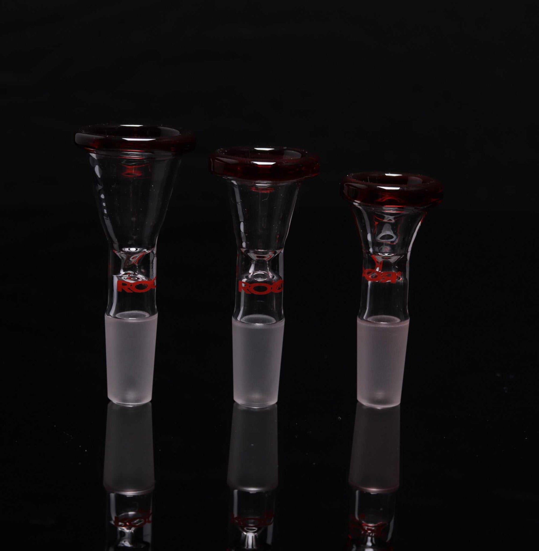 Set of three ROOR® Color Rim Exclusive Limited RED Edition glass funnel bowls with red rims and decals, available in multiple joint sizes and profiles.
