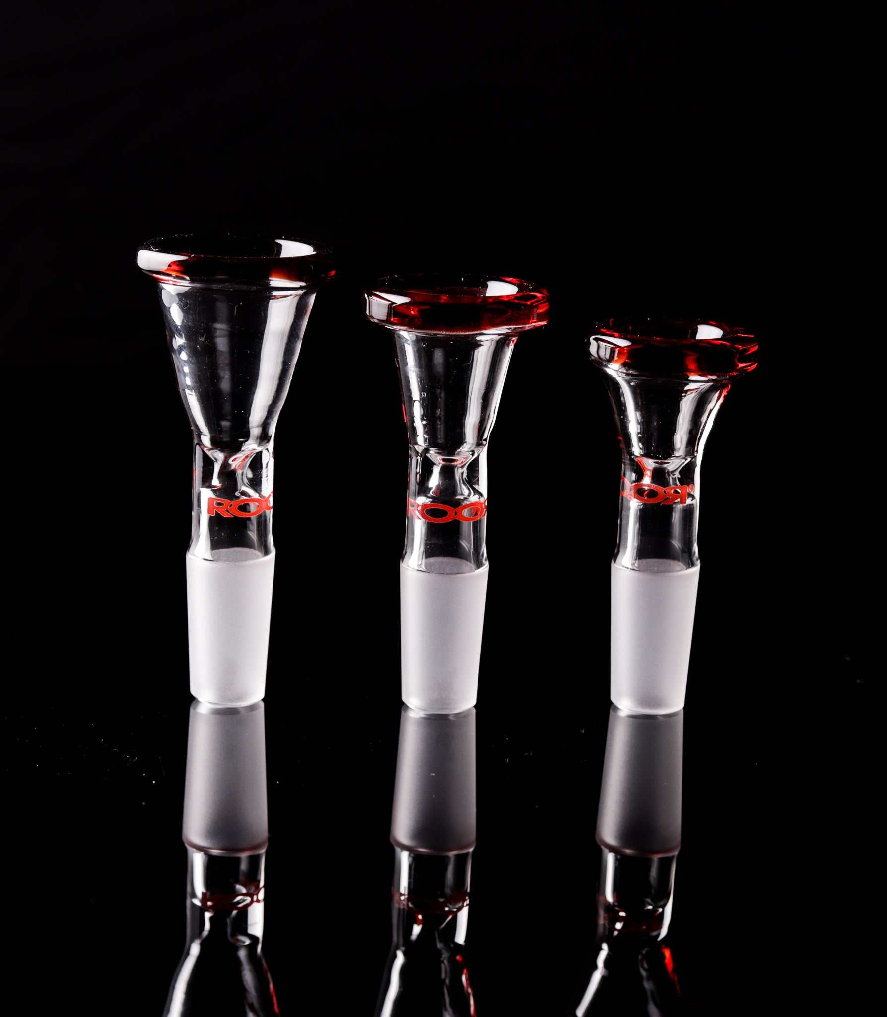 Set of three ROOR® exclusive limited edition red rim funnel bowls with red decal and male joint options.
