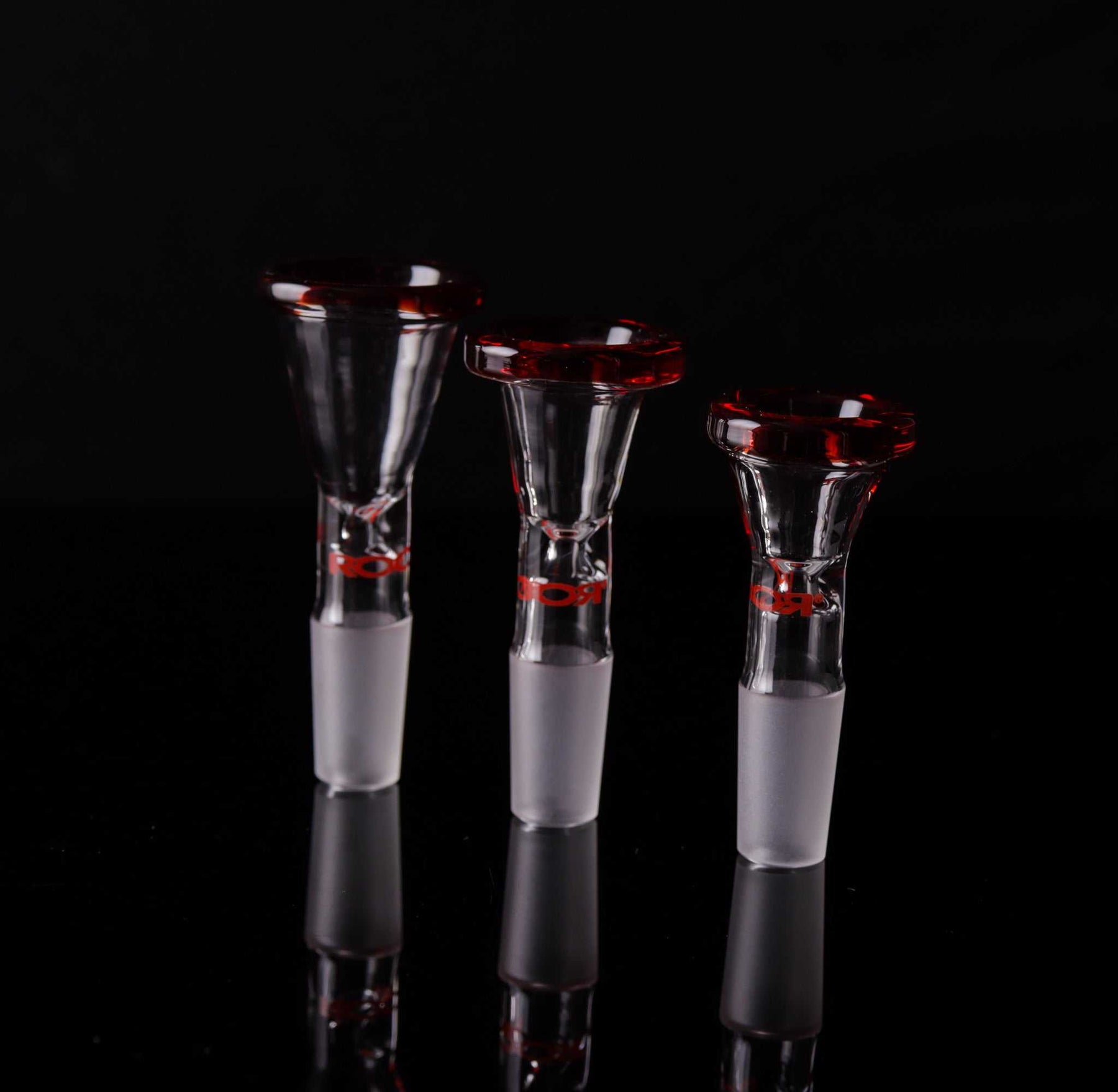 Three ROOR® exclusive limited edition funnel bowls with red color rims and logos, available in small, medium, and large sizes with 14mm or 18mm male joints.