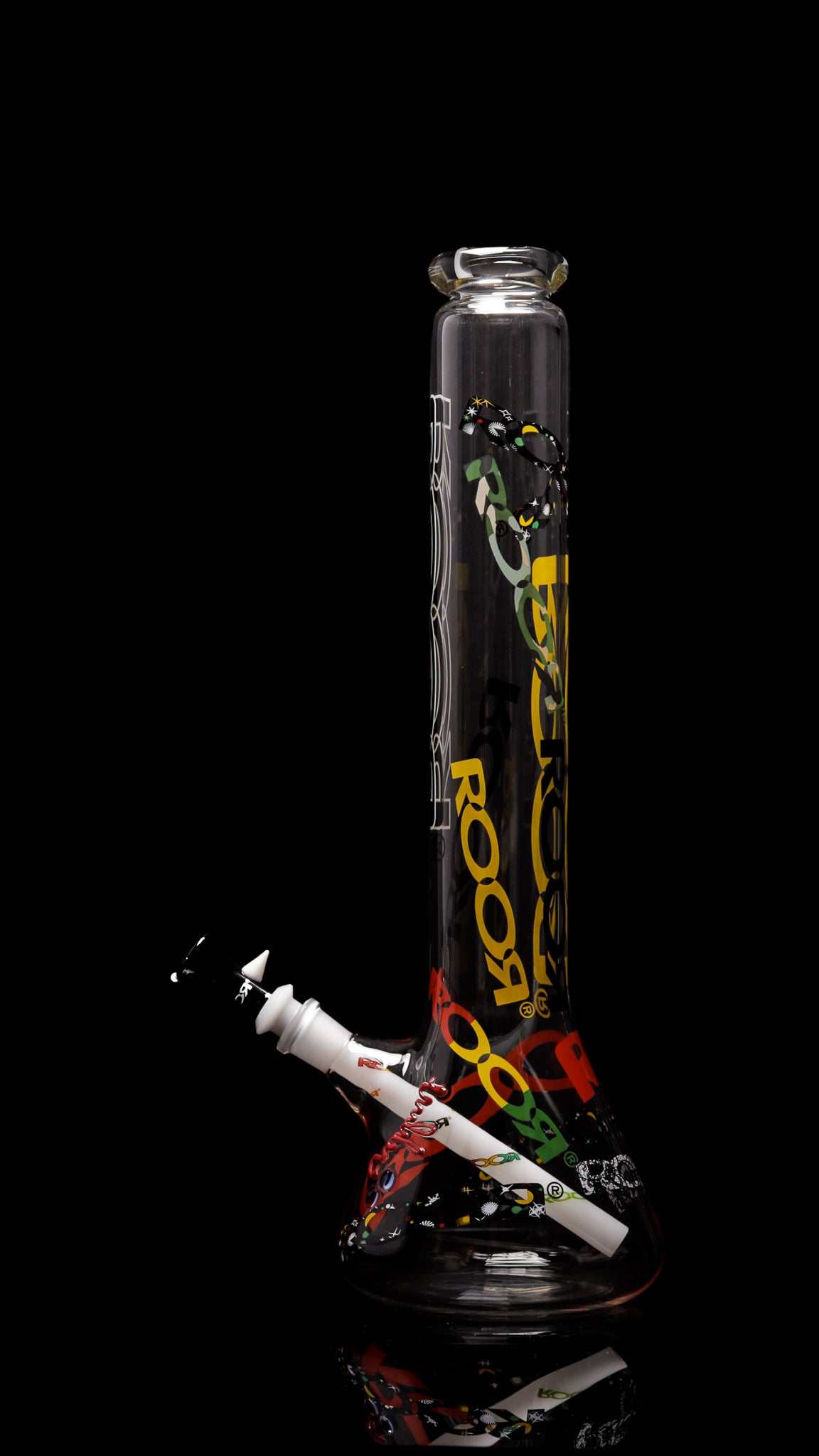 ROOR 18” Zeaker 60mm glass beaker with logo design on black background.