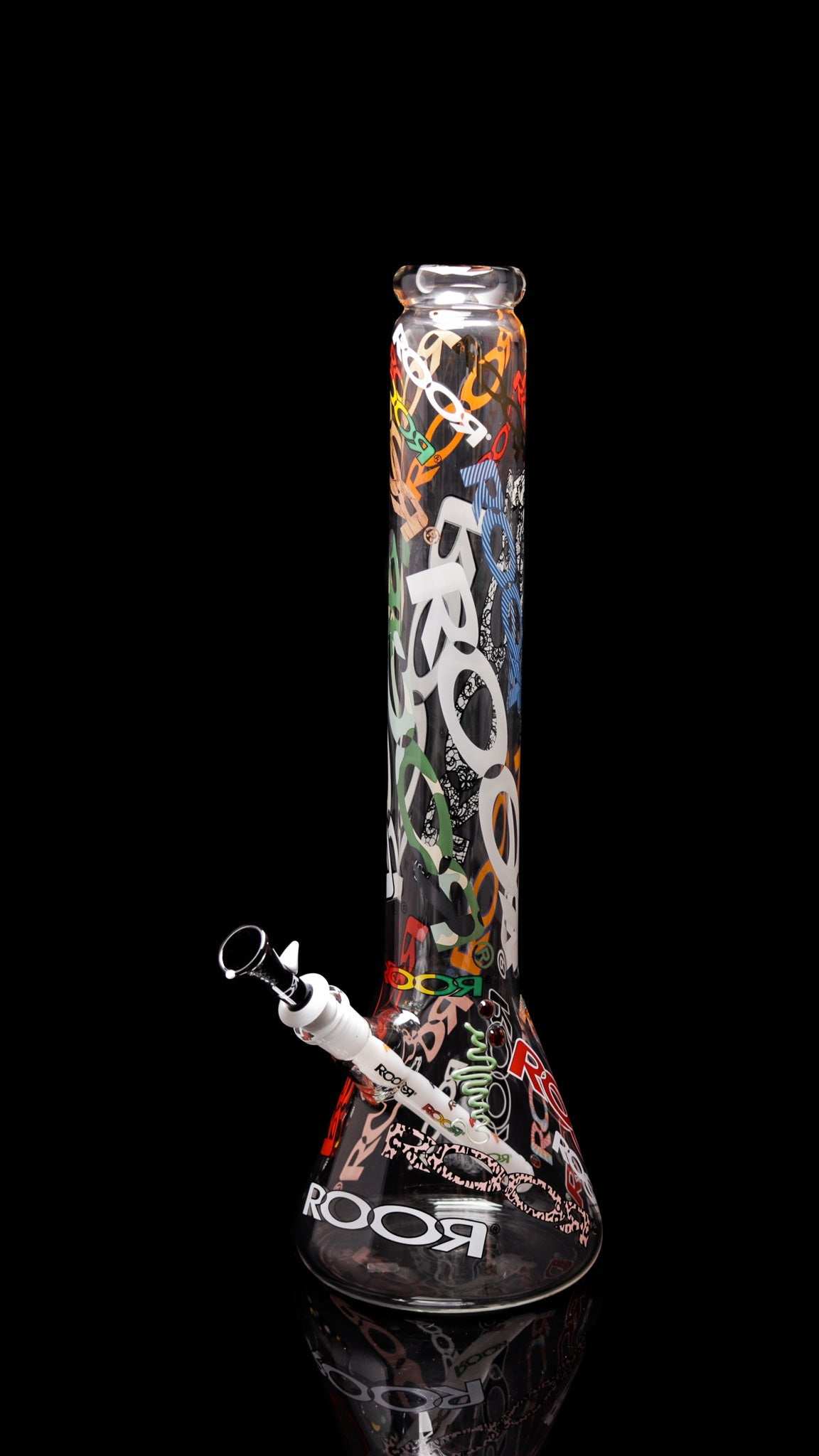 ROOR 18” Zeaker 60mm x 5mm glass beaker with colorful logo design and attached downstem.