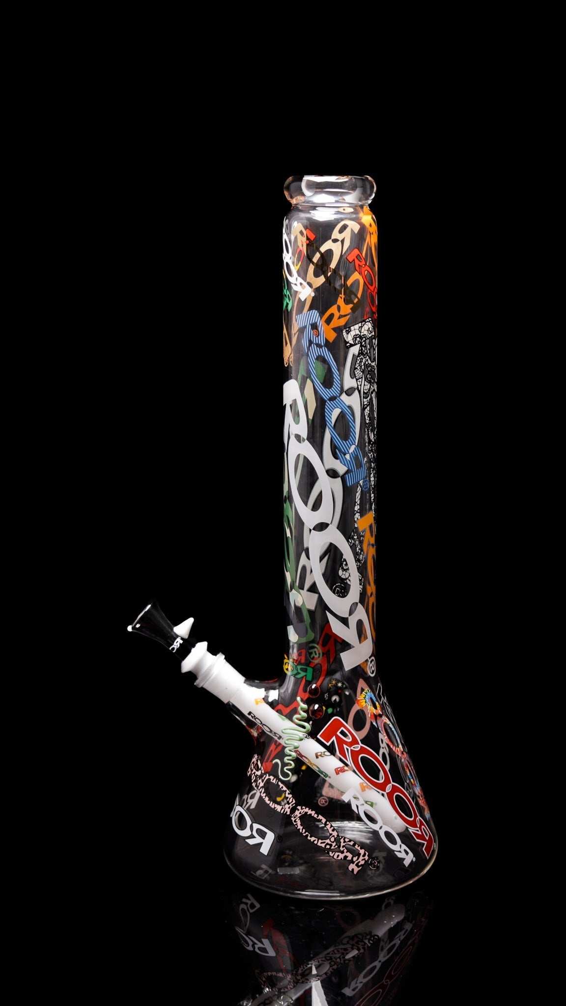 ROOR 18” Zeaker 60mm x 5mm glass beaker with colorful logos and upgraded downstem.