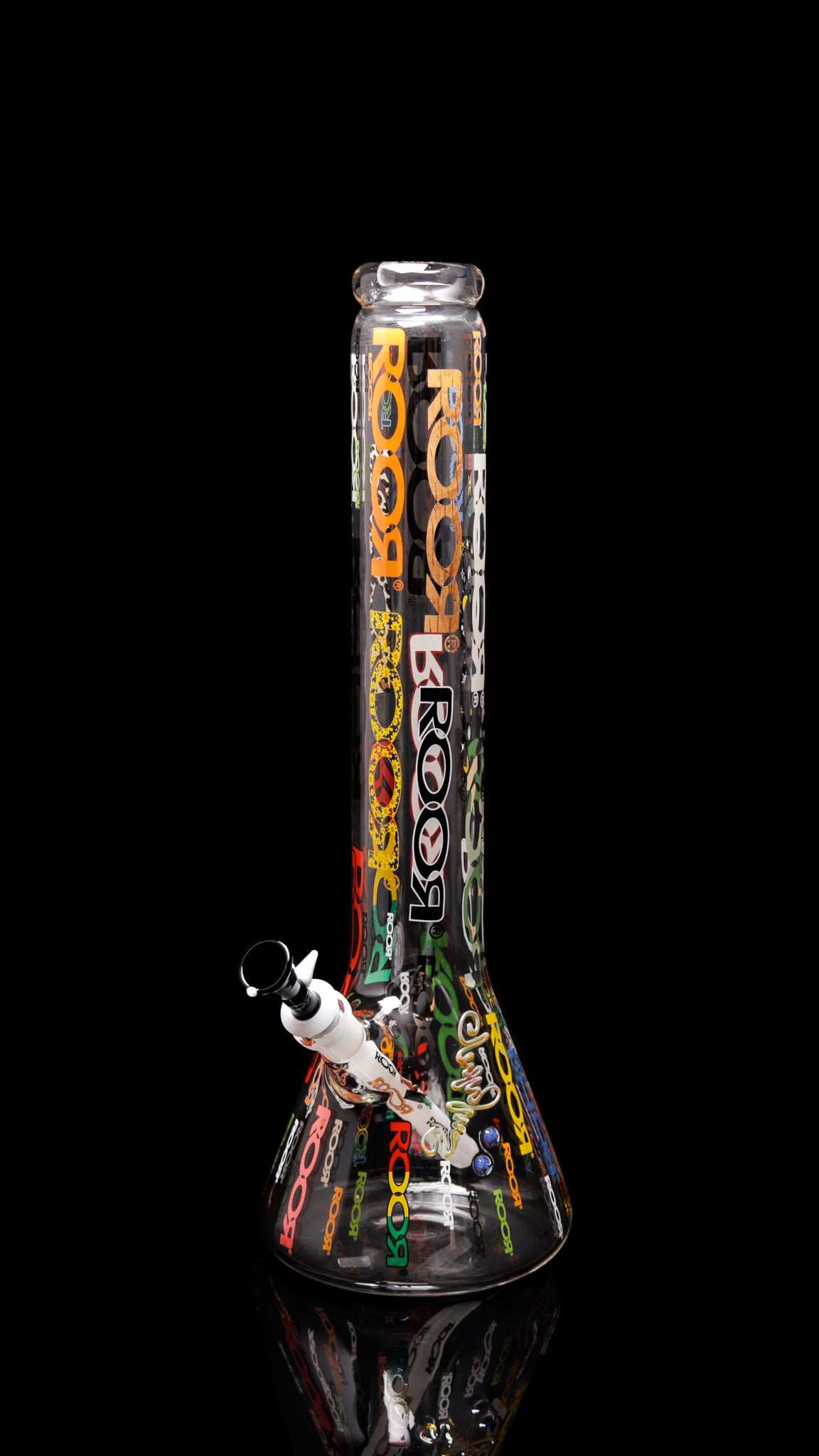 ROOR 18” Zeaker 60mm x 5mm glass beaker with colorful logos, including downstem and funnel bowl, against black background.