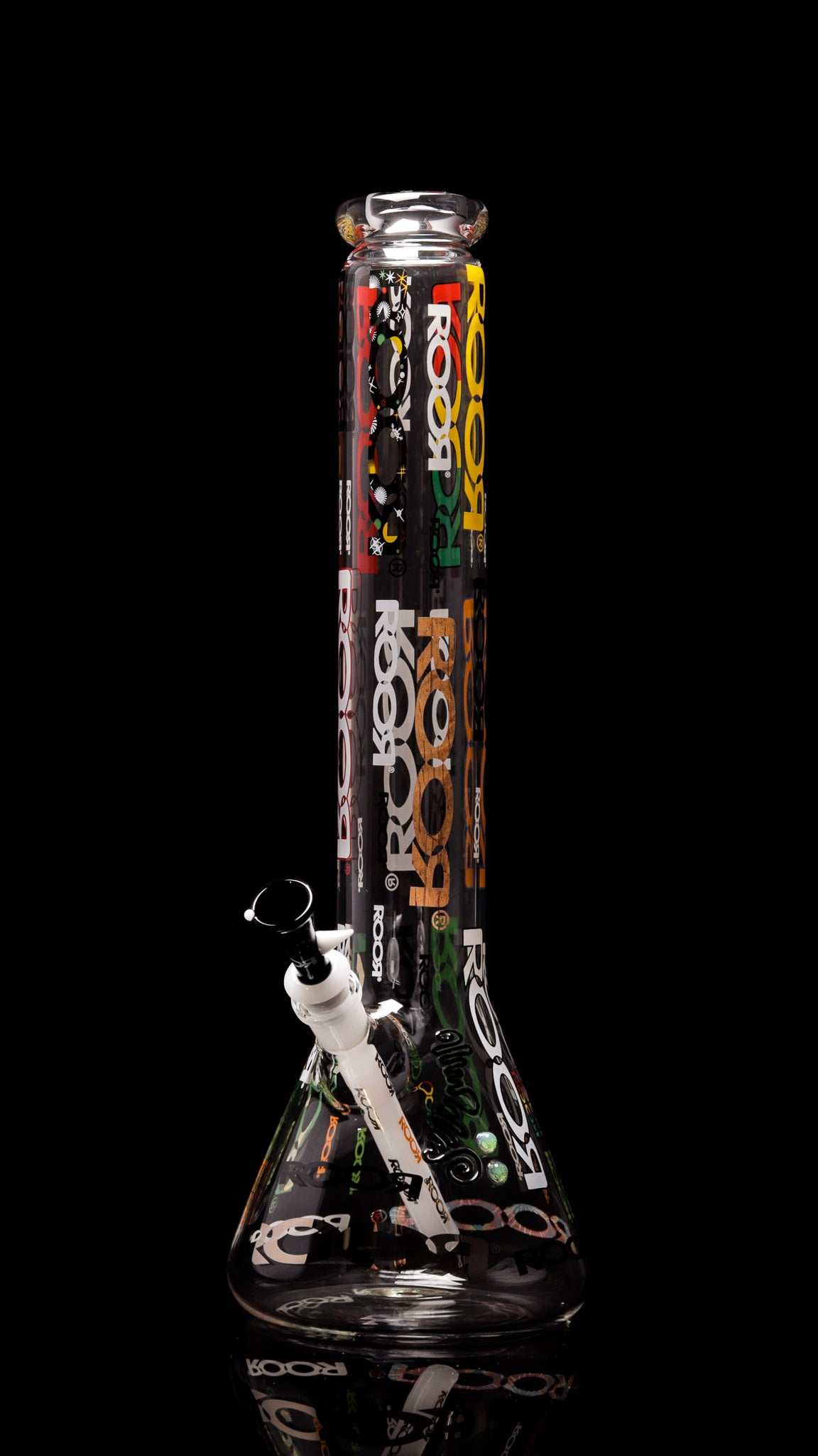 ROOR 18” Zeaker 60mm x 5mm glass beaker with multicolored logo design and downstem.