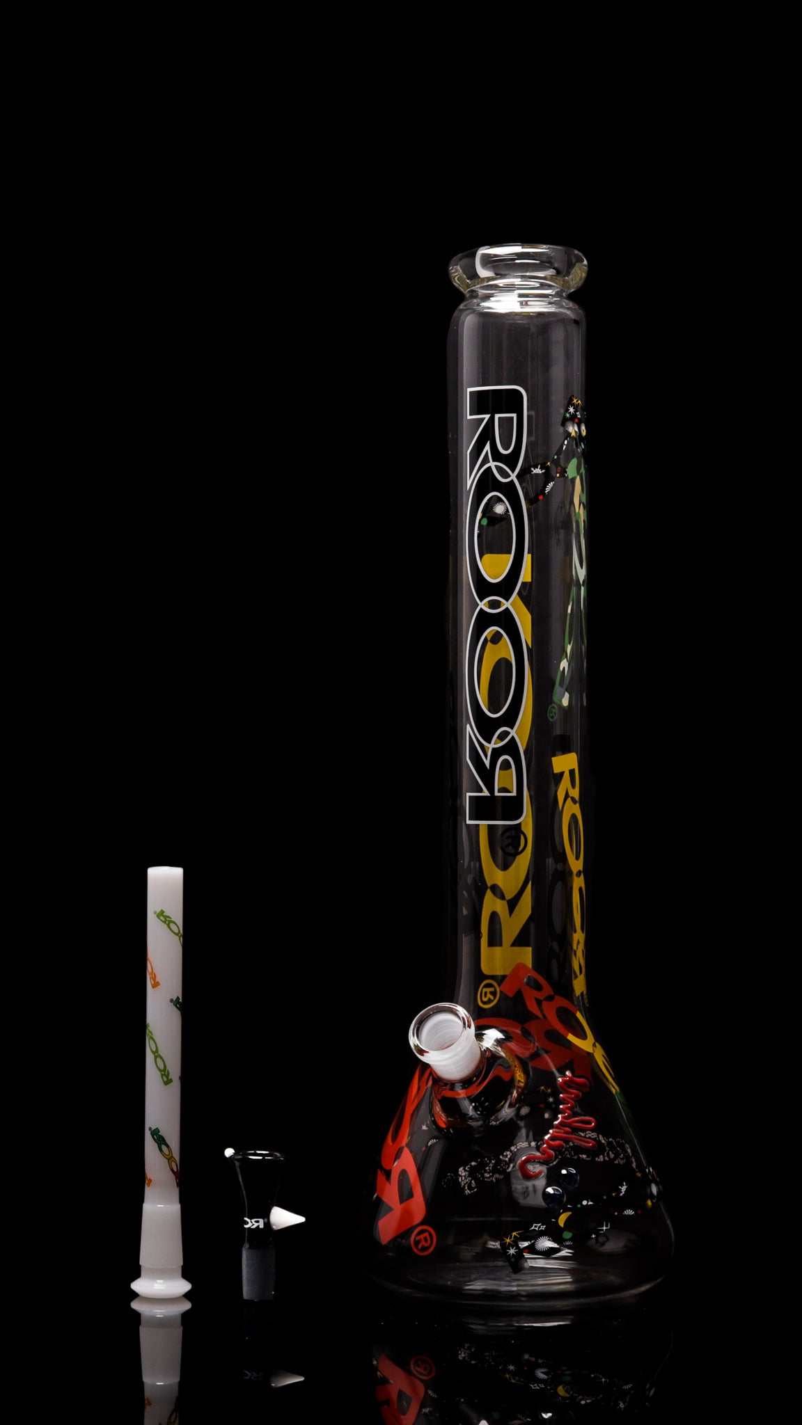 ROOR 18” Zeaker glass beaker, 60mm x 5mm, LIMITED Edition logo with accessories displayed.