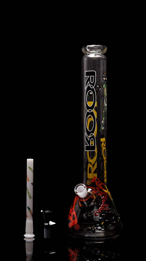 ROOR 18” Zeaker glass beaker, 60mm x 5mm, LIMITED Edition logo with accessories displayed.