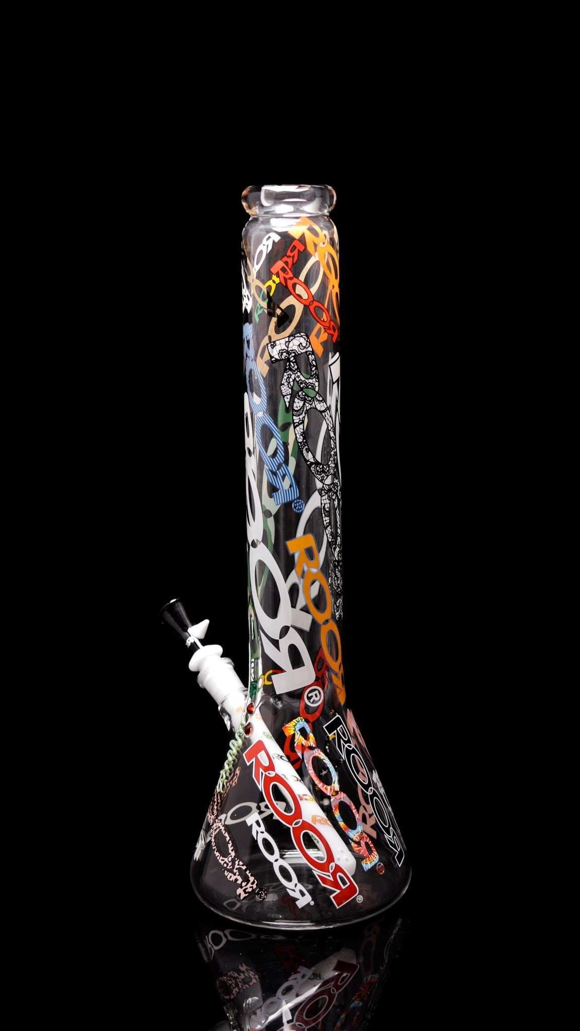 ROOR 18” Zeaker 60mm glass bong with colorful limited edition logos on black background.