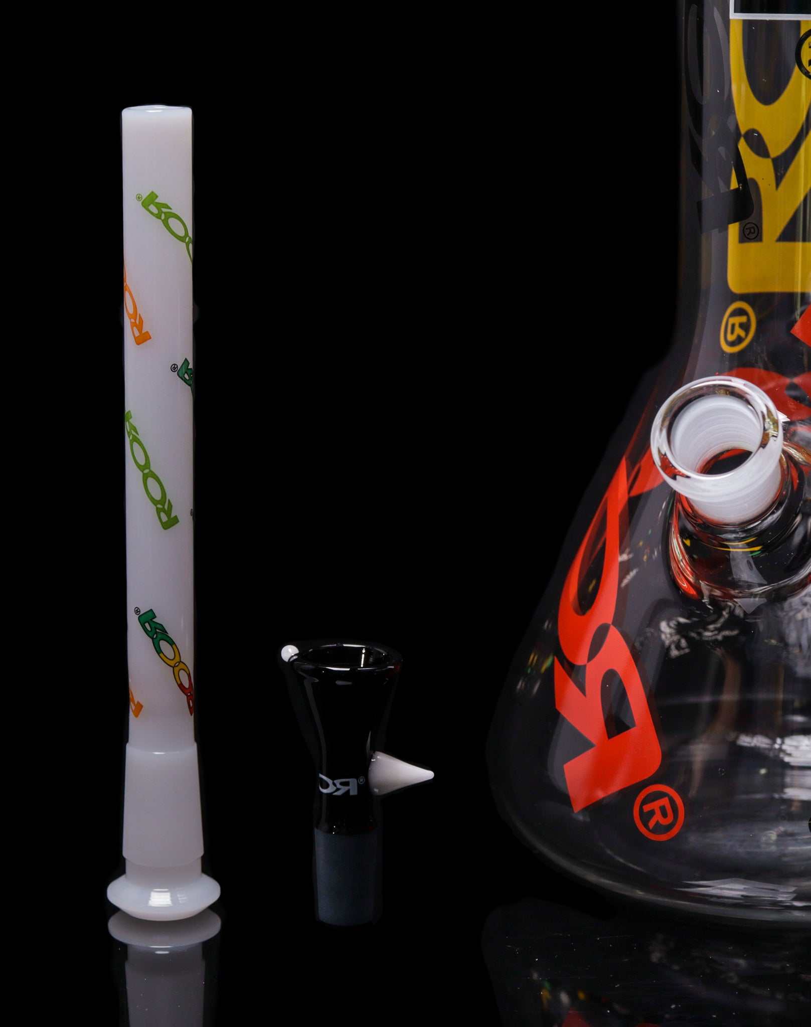 ROOR 18” Zeaker 60mm x 5mm glass beaker with colorful logos, downstem, and funnel bowl on a black background.