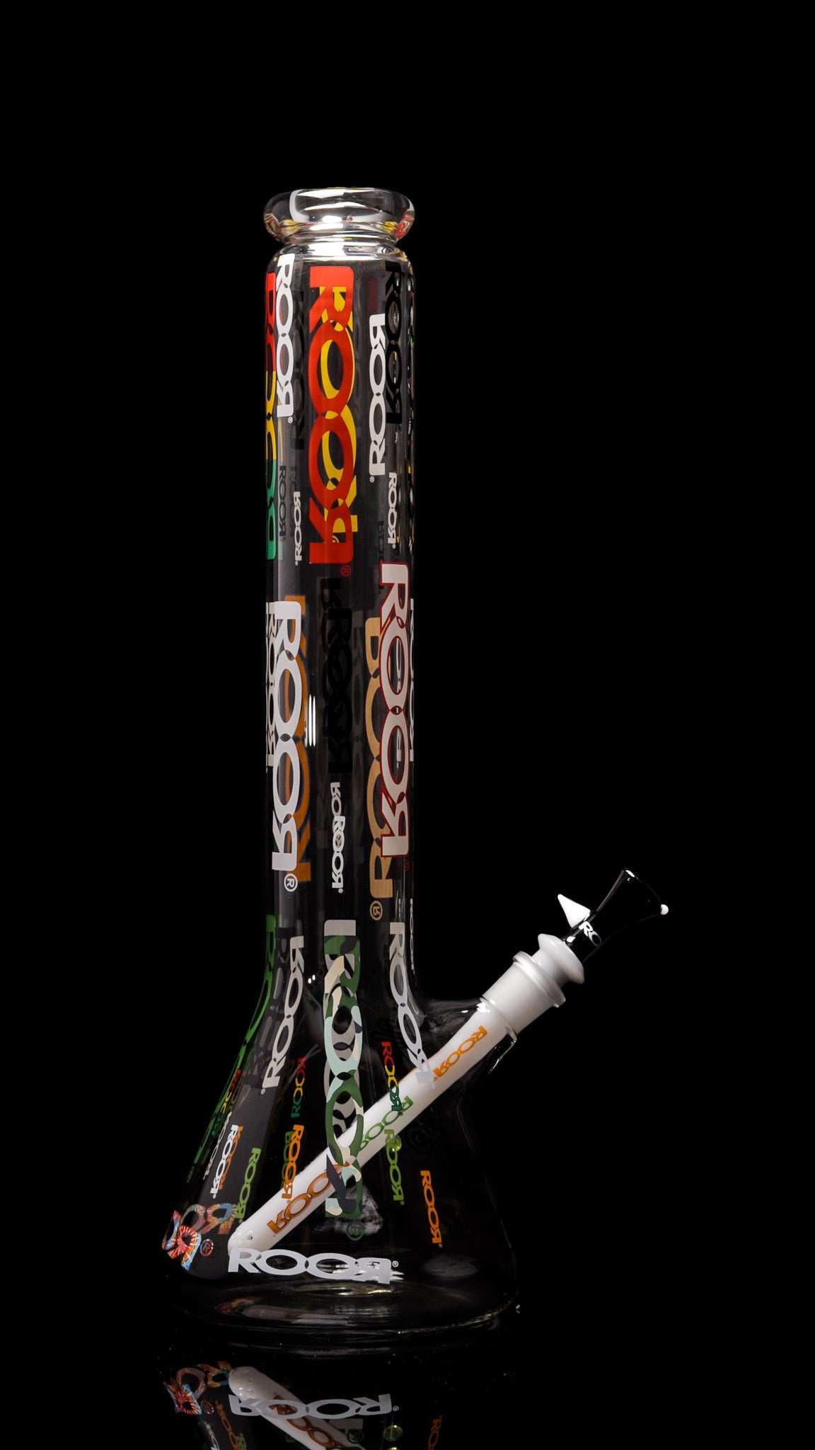 ROOR 18” Zeaker 60mm x 5mm glass beaker with logos, dark background.