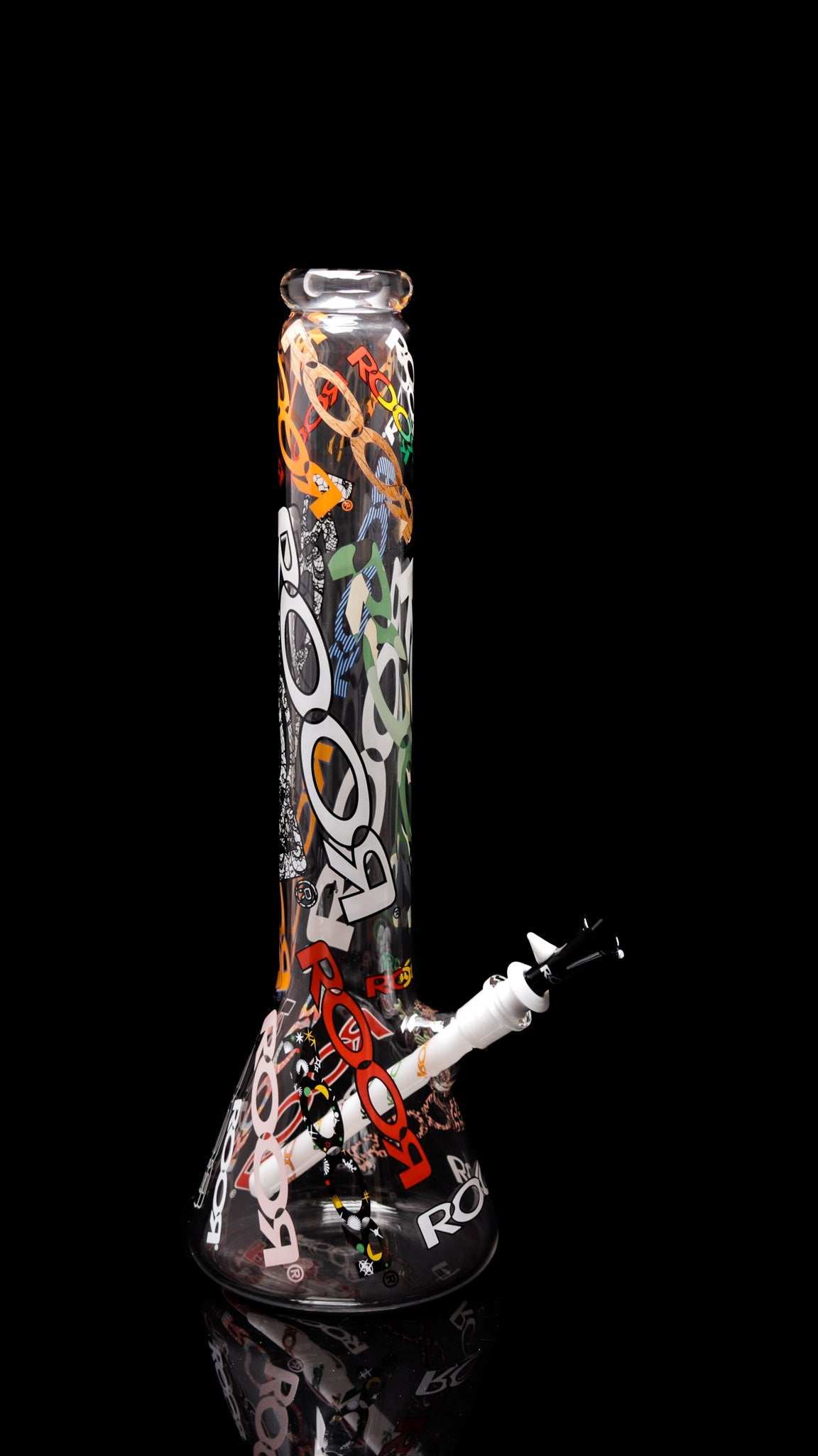 ROOR 18” Zeaker 60mm x 5mm limited edition glass beaker with colorful logos on black background.