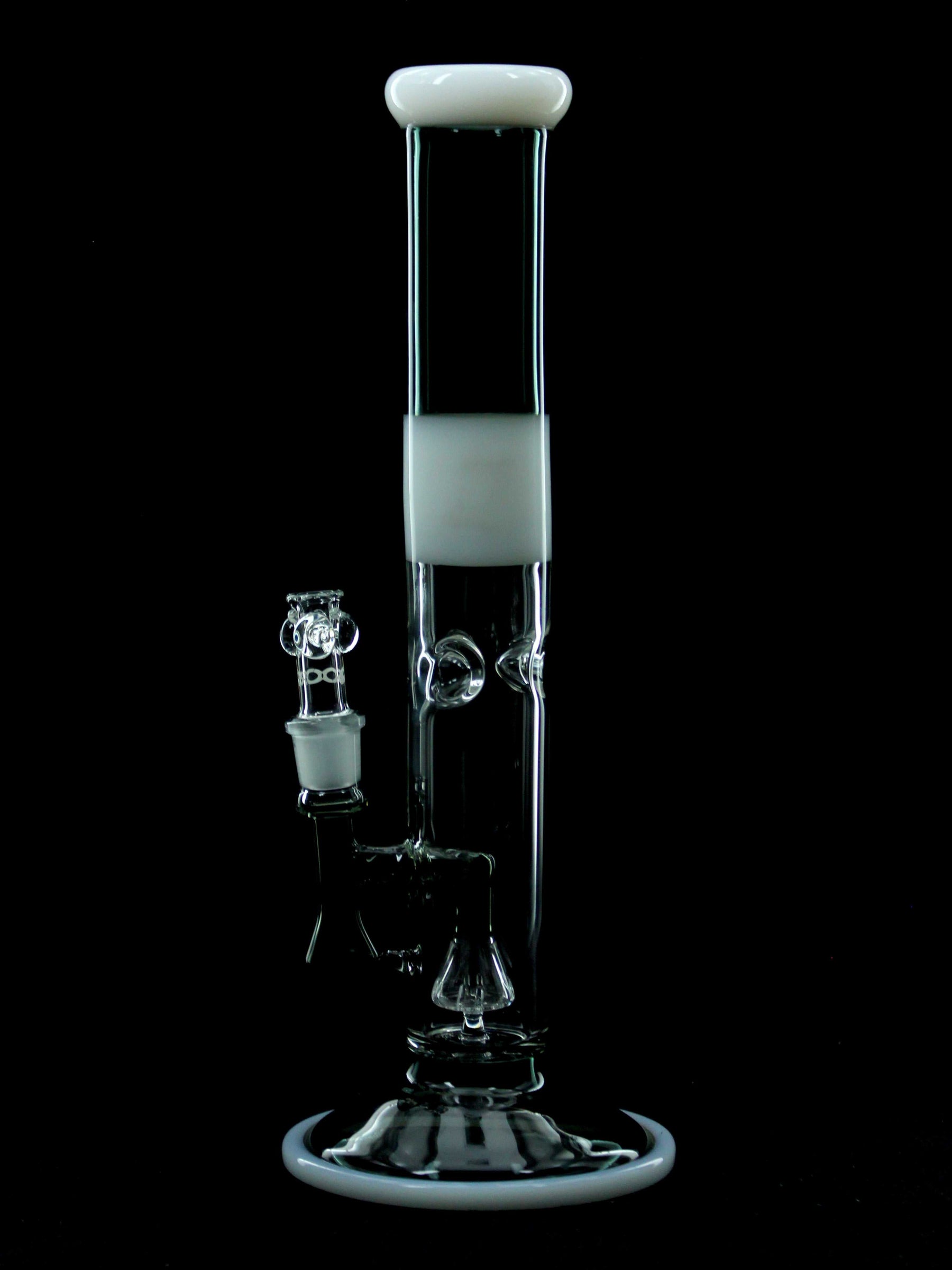 ROOR Tech 14” fixed straight glass bong in smokey grey and white with built-in percolator and ice pinches.