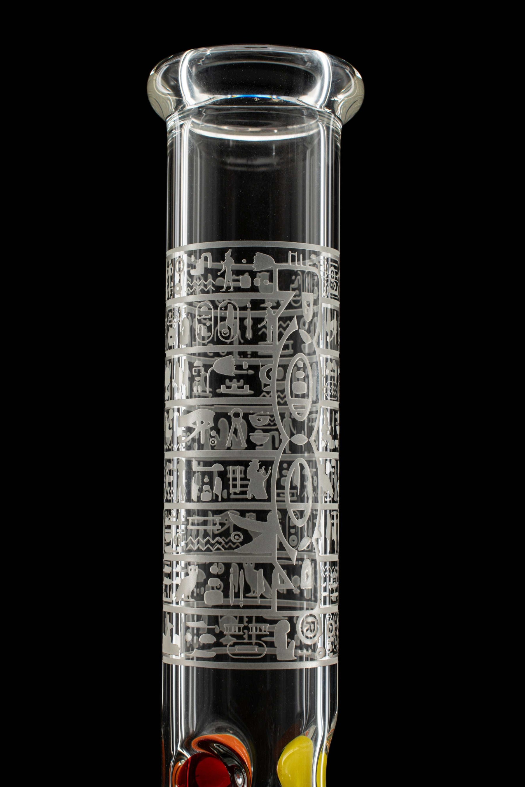 ROOR 12-inch beaker bong with 50x5mm sandblasted hieroglyph design on clear glass