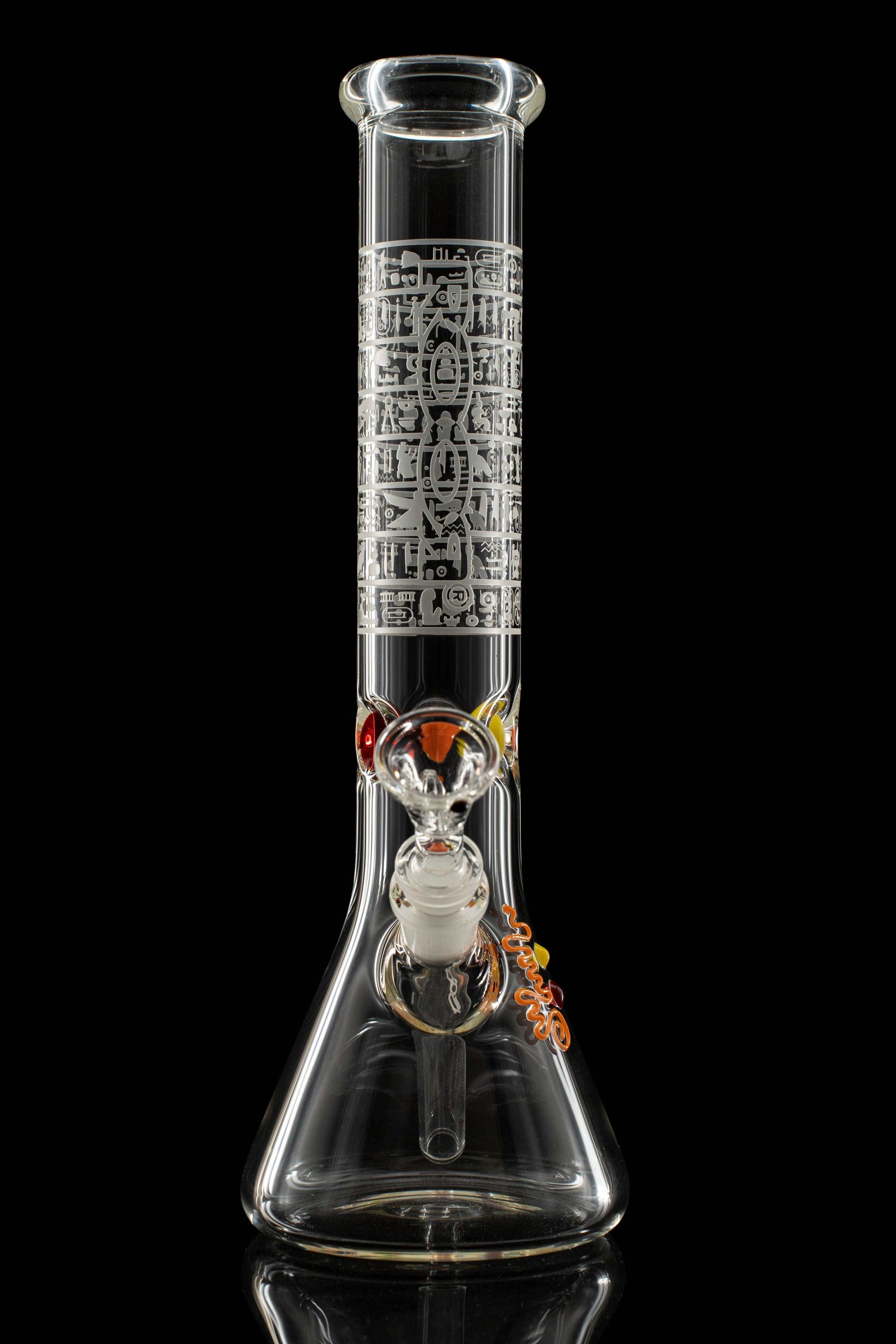 ROOR 12-inch beaker bong with 50x5mm sandblasted hieroglyph design, clear glass, ice pinches, and red accents